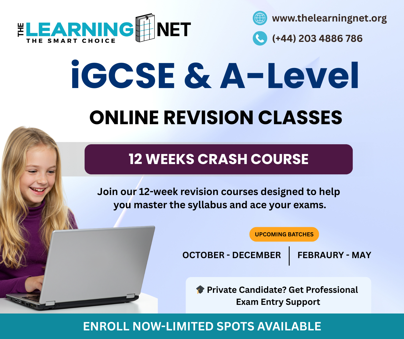 The Learning Net iGCSE and A-Level online revision classes 12-week crash course poster, featuring a student using a laptop
