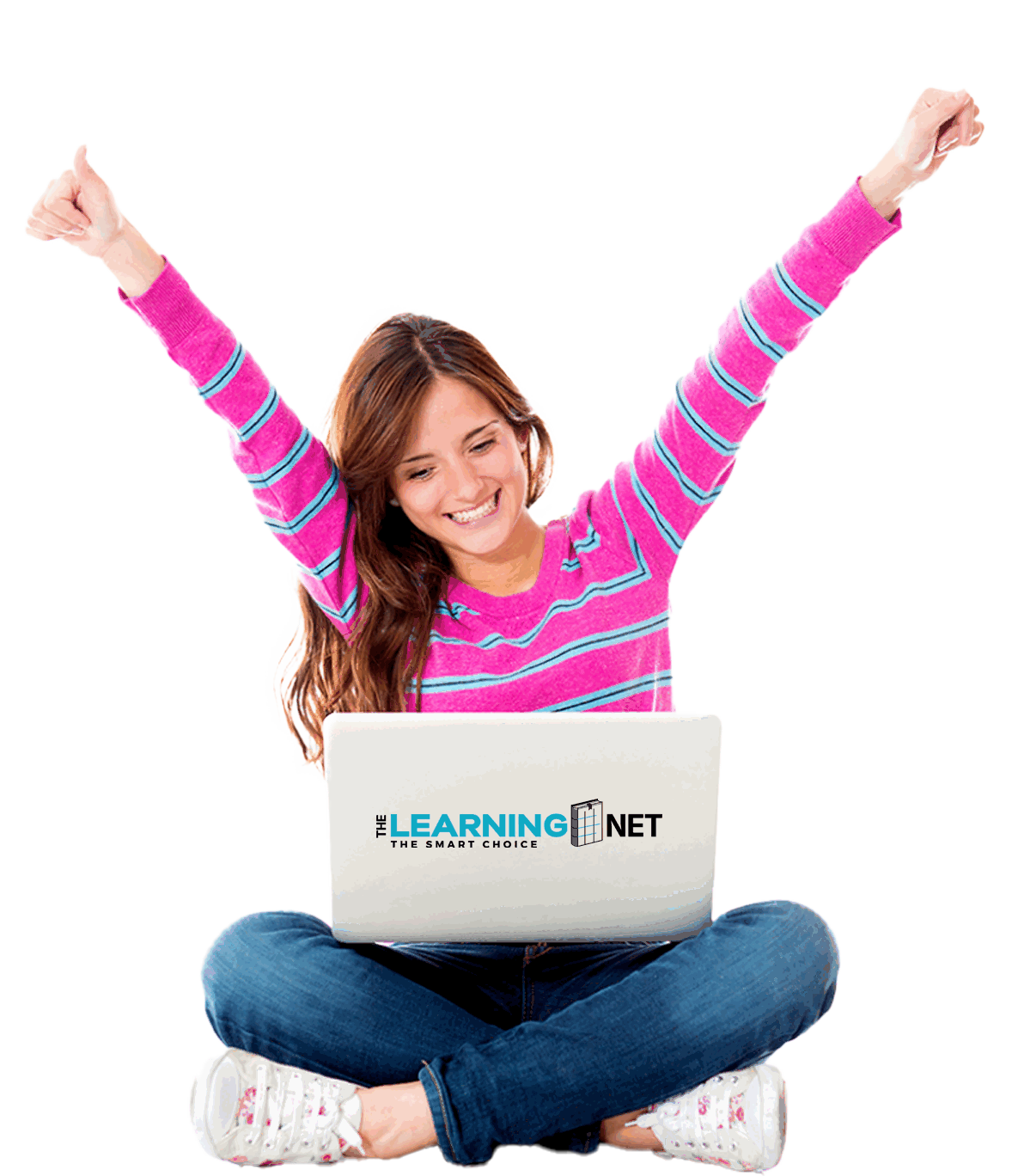 Student celebrating while using a laptop