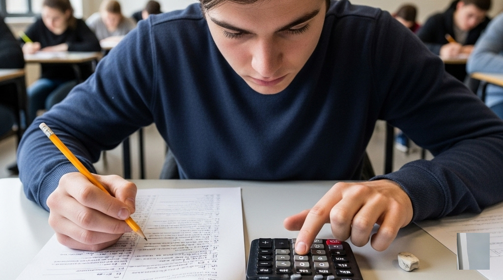 Student checking answer with calculator